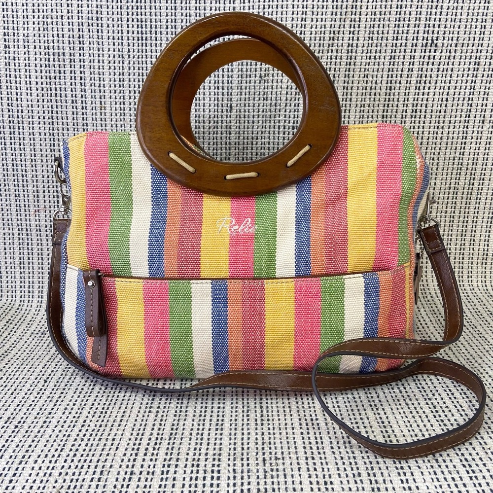Relic Satchel Bag Wood Handle Woven Striped Multicolor Crossbody Purse Y2K Boho